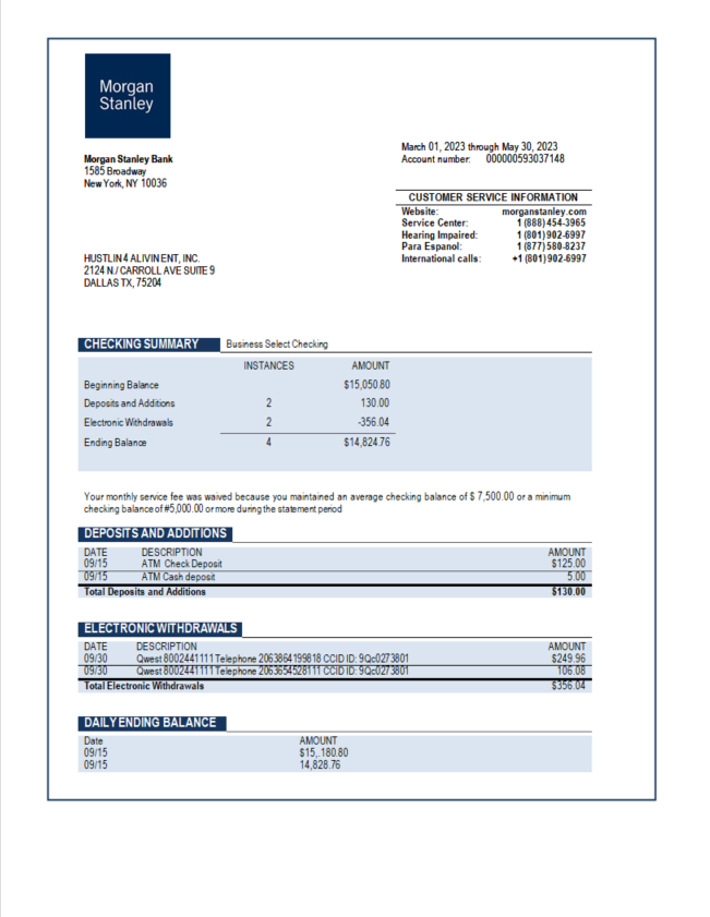 Modèle Word et PDF de relevé de compte de l'organisation Morgan Stanley Bank
